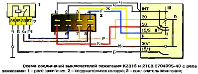 Схема соединений выключателей зажигания KZ813 и 2108.3704005-40 с реле зажигания
