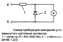 Схема прибора для измерения угла замкнутого состояния контактов прерывателя-распределителя системы зажигания УАЗ