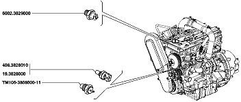 Расположение датчика ТМ106-10 или ТМ106-11 на двигателе ЗМЗ-5143 автомобиля УАЗ