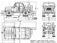 Общие размеры автомобилей УАЗ-3151 с тентом и военными мостами с бортовыми колесными редукторами