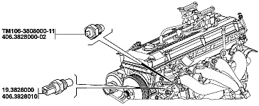 Расположение датчика ТМ106-10 или ТМ106-11 на двигателе ЗМЗ-409 автомобиля УАЗ