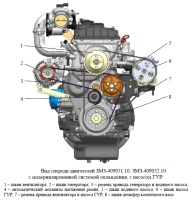 Вид спереди двигателей ЗМЗ-409051.10, ЗМЗ-409052.10 с модернизированной системой охлаждения, с насосом ГУР