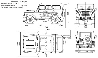 Внешний вид и основные размеры УАЗ Хантер УАЗ-315195 с четырехдверным кузовом с жестким верхом, задним откидным бортом и крышкой багажного отделения