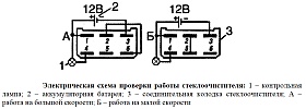 Электрическая схема проверки работы стеклоочистителей 60.5205010 и 70.5205 снятых с автомобиля
