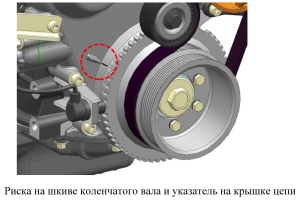 Расположение риски на шкиве коленчатого вала и указатель на крышке цепи